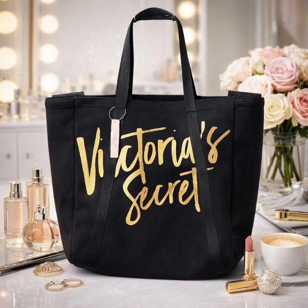 Victoria's Secret Black Canvas Cooler Tote Bag - Gold Script - Insulated Pockets